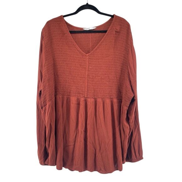 Sonoma Women’s 4X Brown V-Neck Smocked Gauze Babydoll Boho Peasant Top - Picture 1 of 12